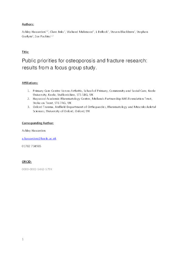 Public priorities for osteoporosis and fracture research: results from a focus group study Thumbnail