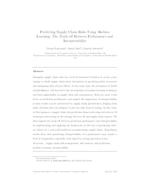 Predicting supply chain risks using machine learning: The trade-off between performance and interpretability Thumbnail