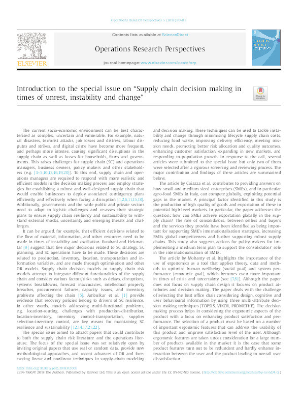 Introduction to the special issue on “Supply chain decision making in times of unrest, instability and change” Thumbnail
