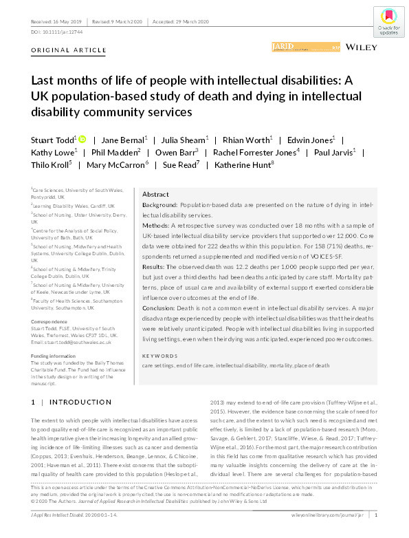 Last months of life of people with intellectual disabilities: A UK population-based study of death and dying in intellectual disability community services. Thumbnail