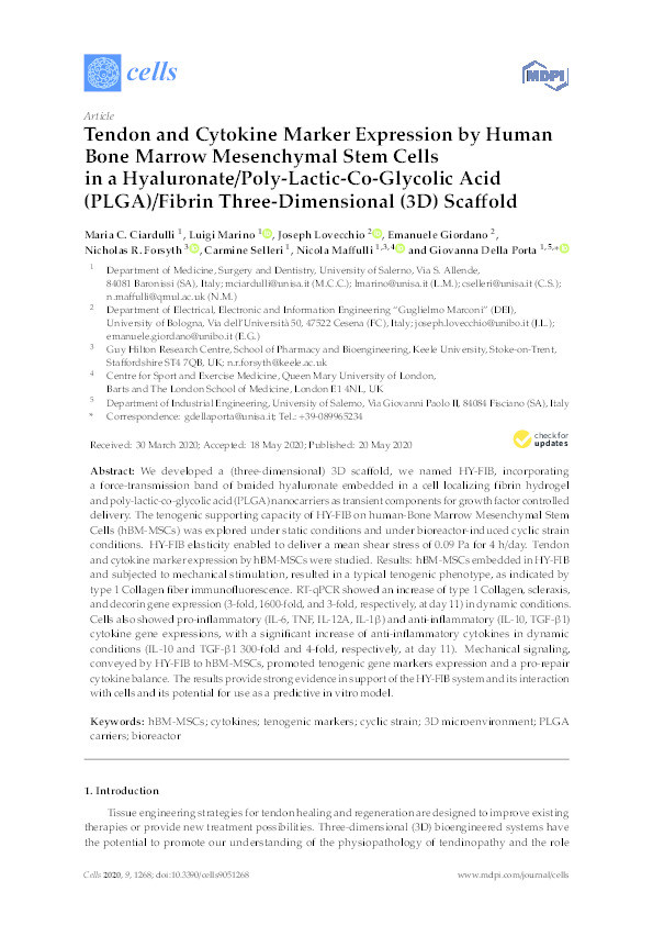 Tendon and Cytokine Marker Expression by Human Bone Marrow Mesenchymal Stem Cells in a Hyaluronate/Poly-Lactic-Co-Glycolic Acid (PLGA)/Fibrin Three-Dimensional (3D) Scaffold. Thumbnail