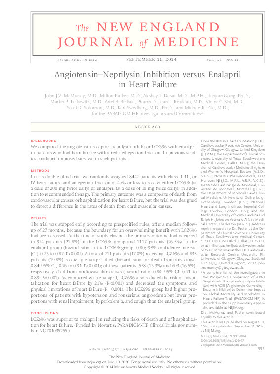 Angiotensin-neprilysin inhibition versus enalapril in heart failure. Thumbnail