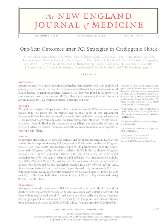 One-Year Outcomes after PCI Strategies in Cardiogenic Shock. Thumbnail