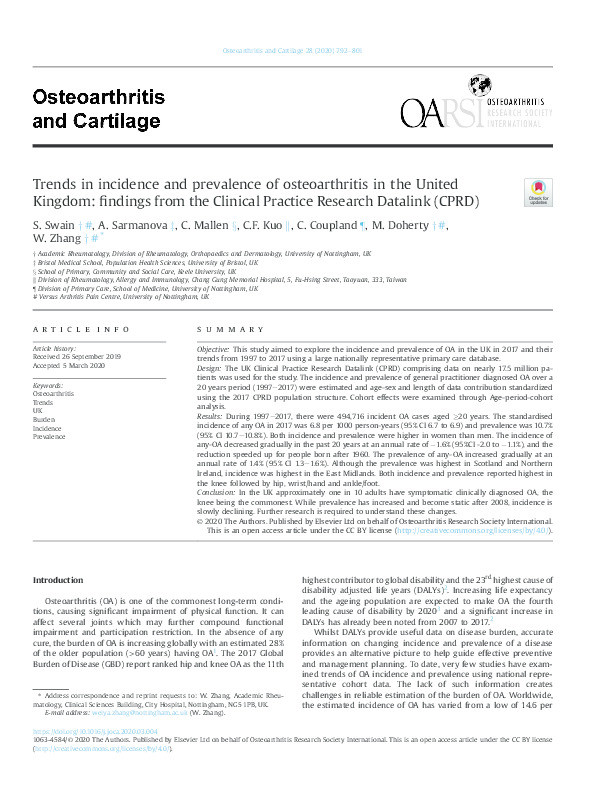 Trends in incidence and prevalence of osteoarthritis in the United Kingdom: findings from the Clinical Practice Research Datalink (CPRD). Thumbnail