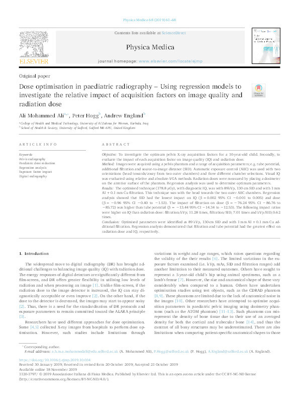 Dose optimisation in paediatric radiography – Using regression models to investigate the relative impact of acquisition factors on image quality and radiation dose Thumbnail