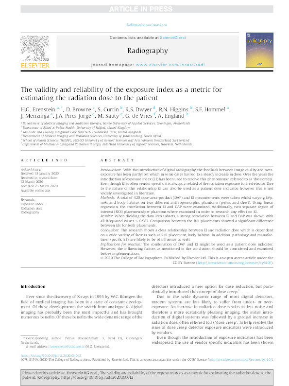The validity and reliability of the exposure index as a metric for estimating the radiation dose to the patient Thumbnail