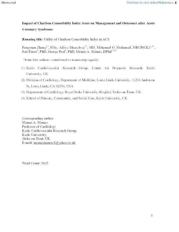 Impact of Charlson Comorbidity Index Score on Management and Outcomes after Acute Coronary Syndrome Thumbnail