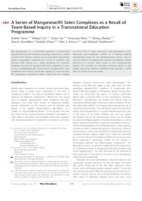 A Series of Manganese(III) Salen Complexes as a Result of Team-Based Inquiry in a Transnational Education Programme. Thumbnail