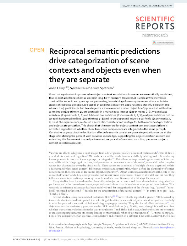 Reciprocal semantic predictions drive categorization of scene contexts and objects even when they are separate Thumbnail