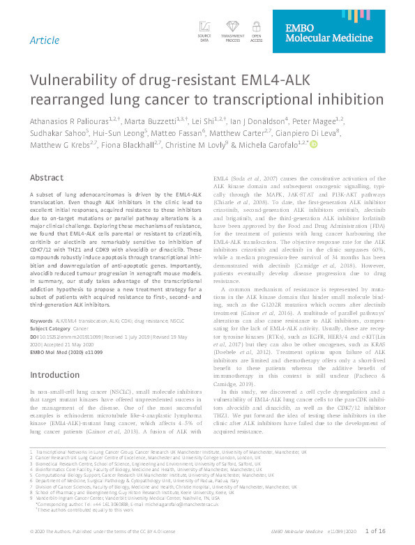 Vulnerability of drug-resistant EML4-ALK rearranged lung cancer to transcriptional inhibition Thumbnail