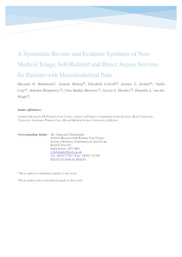 A Systematic Review and Evidence Synthesis of Non-Medical Triage, Self-Referral and Direct Access Services for Patients with Musculoskeletal Pain. Thumbnail
