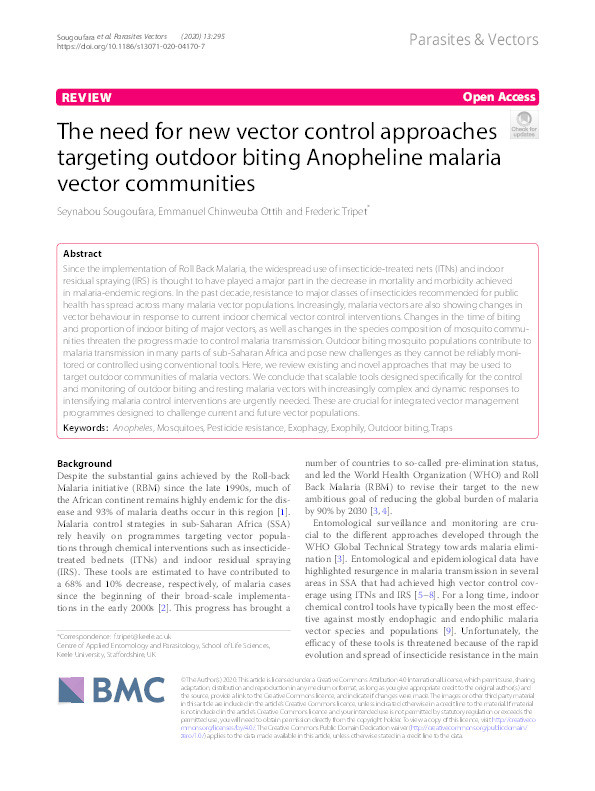 The need for new vector control approaches targeting outdoor biting Anopheline malaria vector communities. Thumbnail
