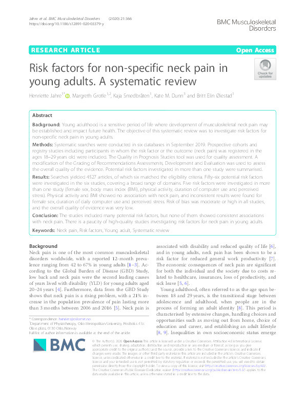 Risk factors for non-specific neck pain in young adults. A systematic review. Thumbnail