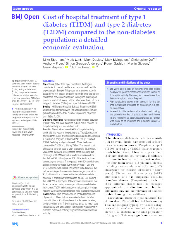 Cost of hospital treatment of type 1 diabetes (T1DM) and type 2 diabetes (T2DM) compared to the non-diabetes population: a detailed economic evaluation Thumbnail