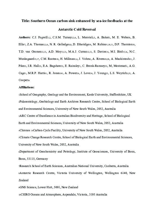 Southern Ocean carbon sink enhanced by sea-ice feedbacks at the Antarctic Cold Reversal Thumbnail