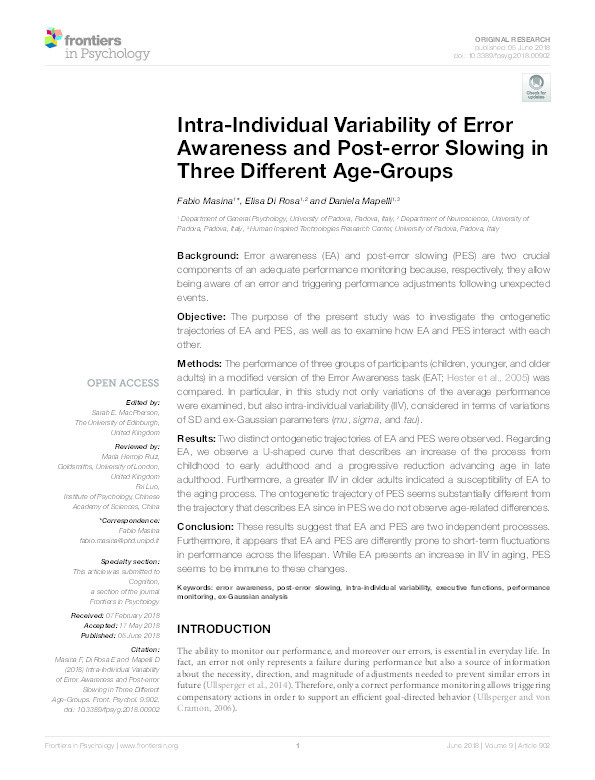 Intra-Individual Variability of Error Awareness and Post-error Slowing in Three Different Age-Groups Thumbnail
