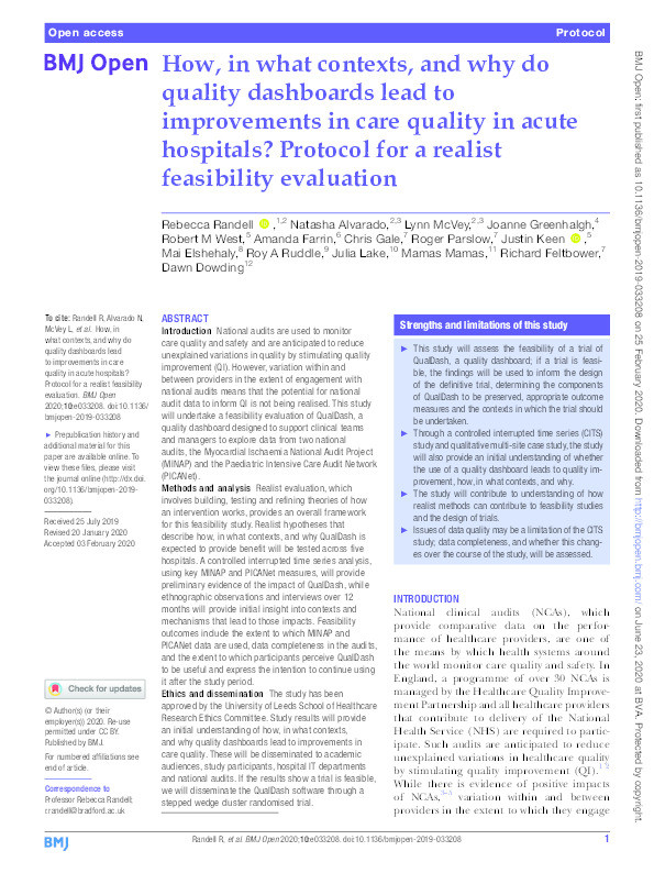 How, in what contexts, and why do quality dashboards lead to improvements in care quality in acute hospitals? Protocol for a realist feasibility evaluation. Thumbnail