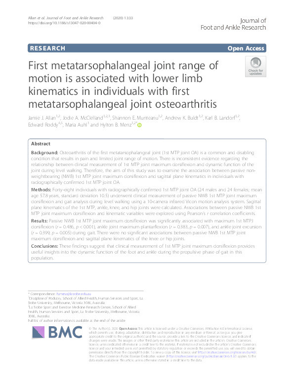 First metatarsophalangeal joint range of motion is associated with lower limb kinematics in individuals with first metatarsophalangeal joint osteoarthritis. Thumbnail