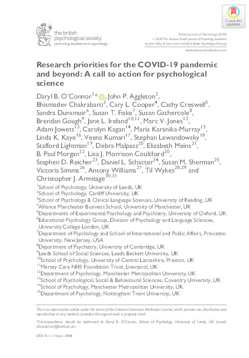 Research Priorities for the COVID-19 pandemic and beyond: A call to action for psychological science Thumbnail