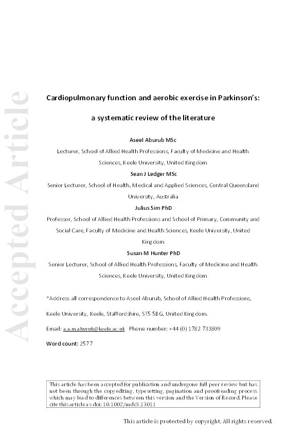 Cardiopulmonary Function and Aerobic Exercise in Parkinson's: A Systematic Review of the Literature Thumbnail