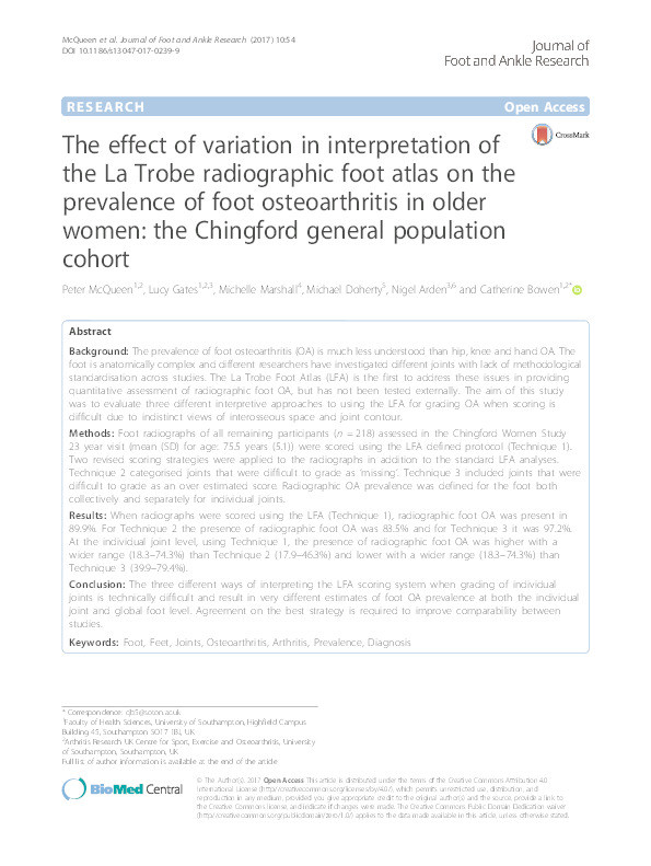 The effect of variation in interpretation of the La Trobe radiographic foot atlas on the prevalence of foot osteoarthritis in older women: the Chingford general population cohort. Thumbnail