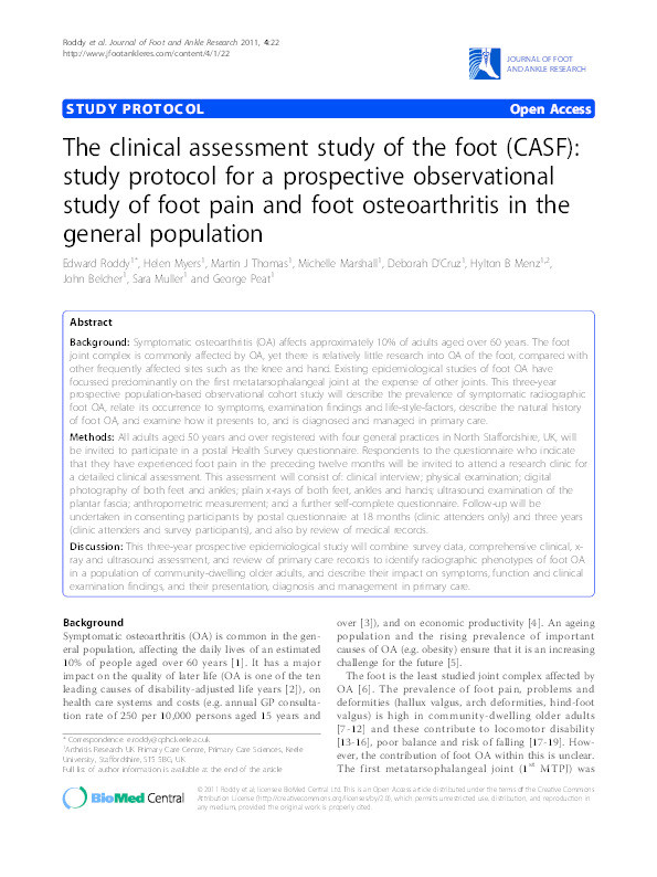 The clinical assessment study of the foot (CASF): study protocol for a prospective observational study of foot pain and foot osteoarthritis in the general population. Thumbnail