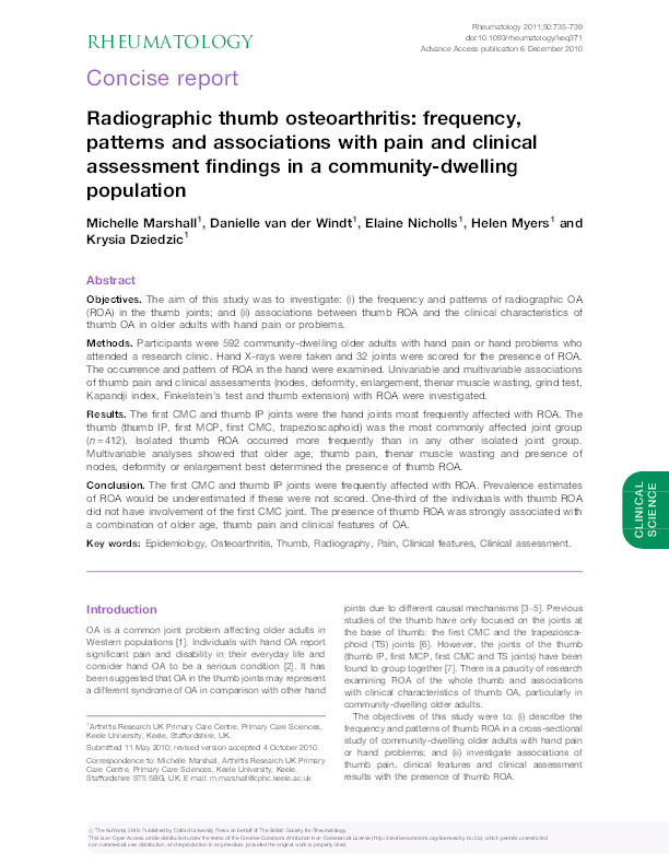 Radiographic thumb osteoarthritis: frequency, patterns and associations with pain and clinical assessment findings in a community-dwelling population. Thumbnail