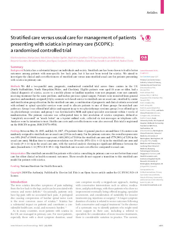 Stratified care versus usual care for management of patients presenting with sciatica in primary care (SCOPiC): a randomised controlled trial Thumbnail
