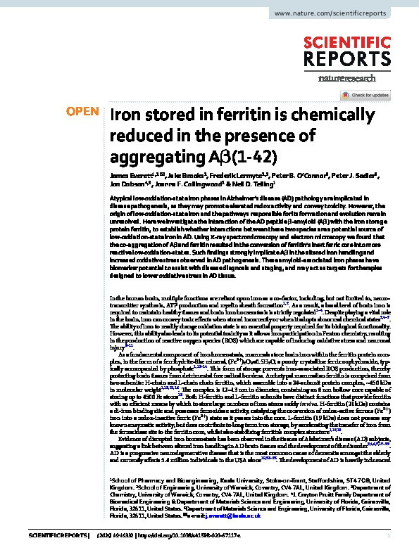 Iron stored in ferritin is chemically reduced in the presence of aggregating Aß(1-42). Thumbnail
