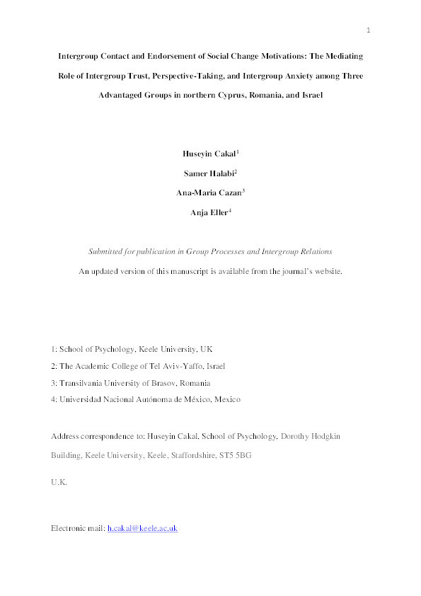 Intergroup contact and endorsement of social change motivations: The mediating role of intergroup trust, perspective-taking, and intergroup anxiety among three advantaged groups in Northern Cyprus, Romania, and Israel Thumbnail