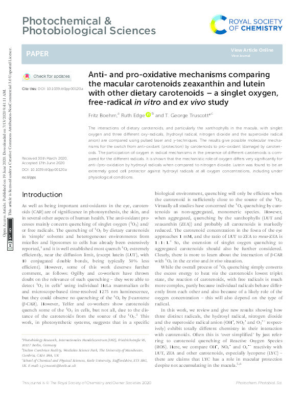 Anti- and pro-oxidative mechanisms comparing the macular carotenoids zeaxanthin and lutein with other dietary carotenoids - a singlet oxygen, free-radical in vitro and ex vivo study. Thumbnail