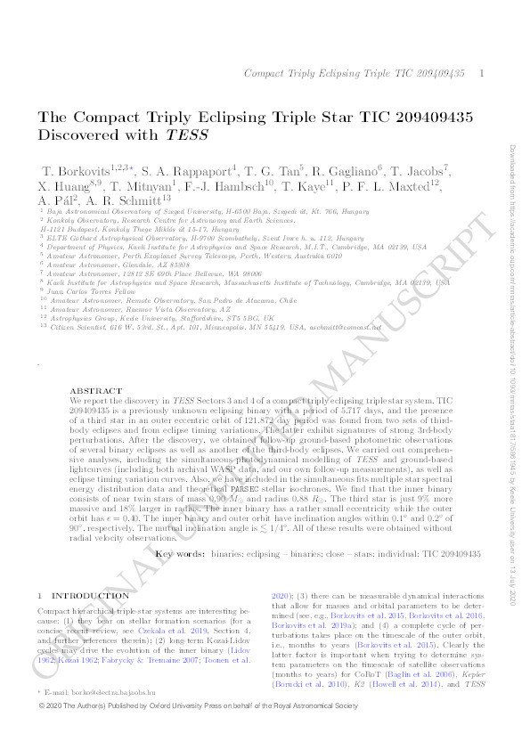 The Compact Triply Eclipsing Triple Star TIC 209409435 Discovered with TESS Thumbnail