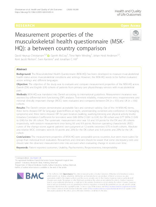 Measurement properties of the musculoskeletal health questionnaire (MSK-HQ): a between country comparison Thumbnail
