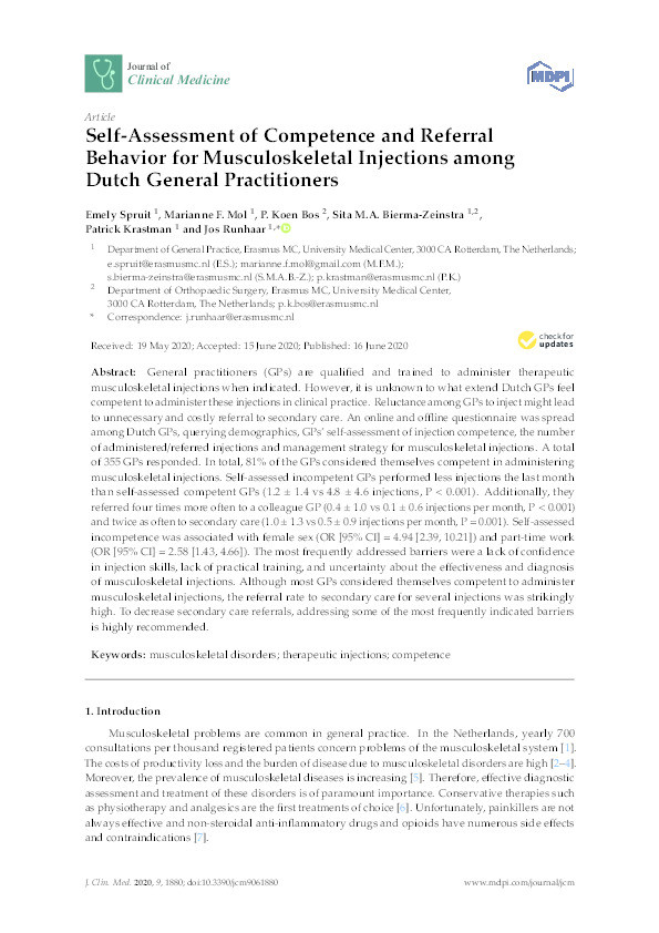 Self-Assessment of Competence and Referral Behavior for Musculoskeletal Injections among Dutch General Practitioners. Thumbnail