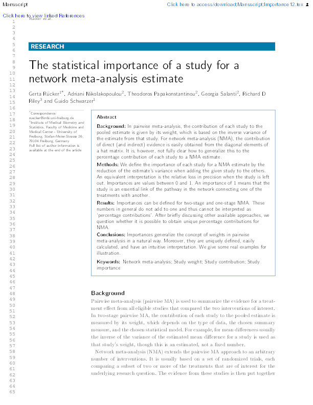 The statistical importance of a study for a network meta-analysis estimate Thumbnail