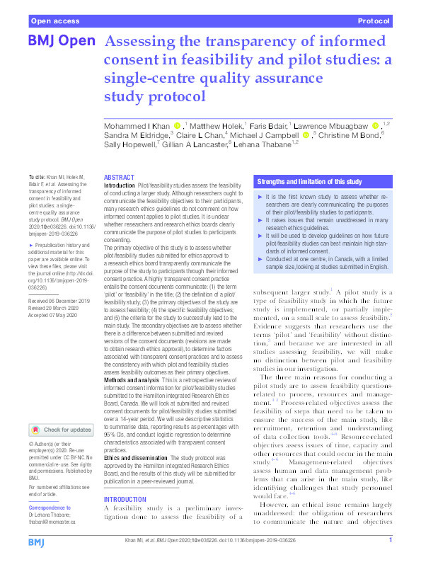 Assessing the transparency of informed consent in feasibility and pilot studies: a single-centre quality assurance study protocol. Thumbnail