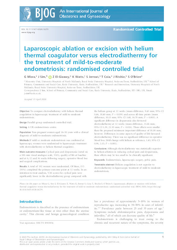 Laparoscopic ablation or excision with helium thermal coagulator versus electrodiathermy for the treatment of mild-to-moderate endometriosis: randomised controlled trial Thumbnail