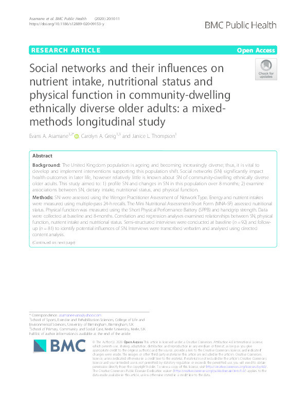 Social networks and their influences on nutrient intake, nutritional status and physical function in community-dwelling ethnically diverse older adults: a mixed-methods longitudinal study. Thumbnail