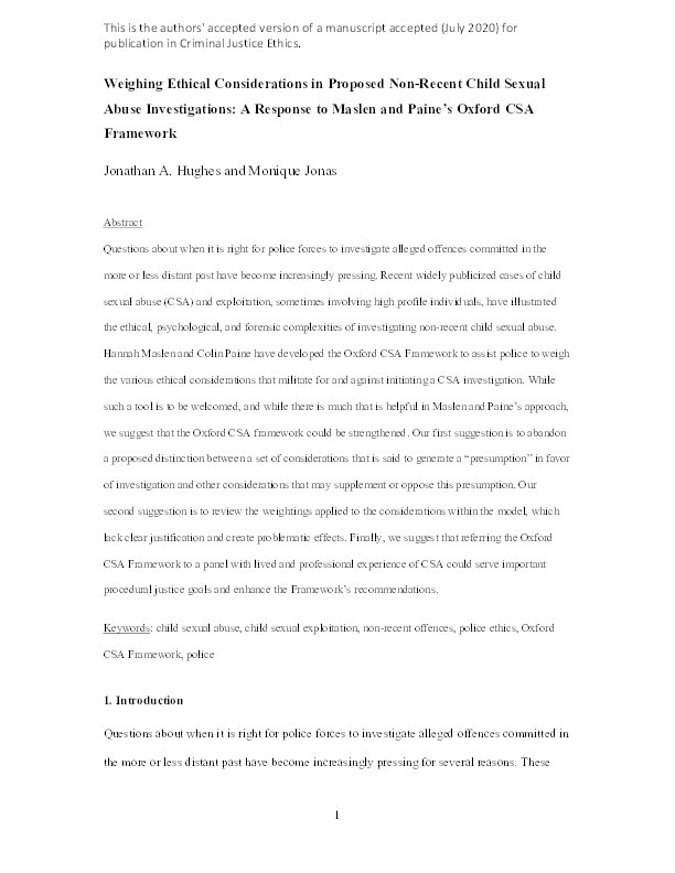 Weighing Ethical Considerations in Proposed Non-Recent Child Sexual Abuse Investigations: A Response to Maslen and Paine’s Oxford CSA Framework Thumbnail