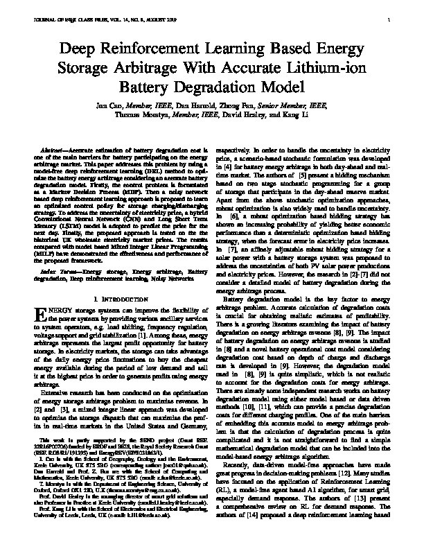 Deep Reinforcement Learning Based Energy Storage Arbitrage With Accurate Lithium-ion Battery Degradation Model Thumbnail