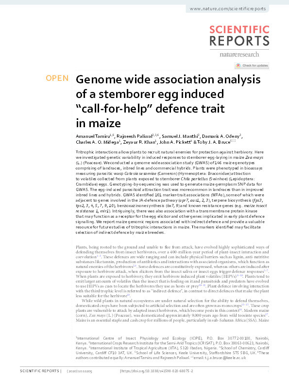Genome wide association analysis of a stemborer egg induced "call-for-help" defence trait in maize Thumbnail