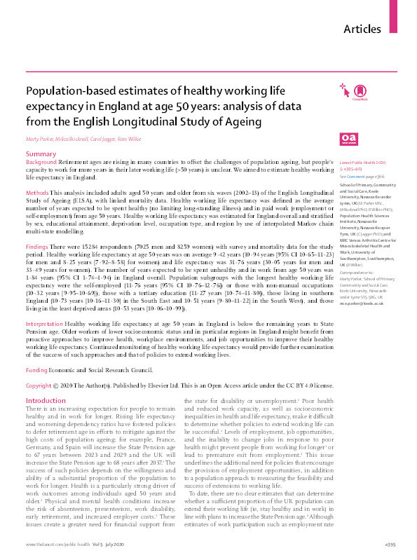 Population-based estimates of healthy working life expectancy in England at age 50 years: analysis of data from the English Longitudinal Study of Ageing. Thumbnail