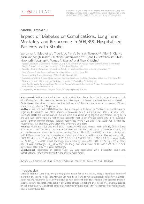 Impact of Diabetes on Complications, Long Term Mortality and Recurrence in 608,890 Hospitalised Patients with Stroke. Thumbnail