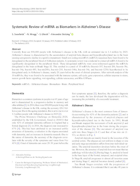 Systematic Review of miRNA as Biomarkers in Alzheimer's Disease. Thumbnail