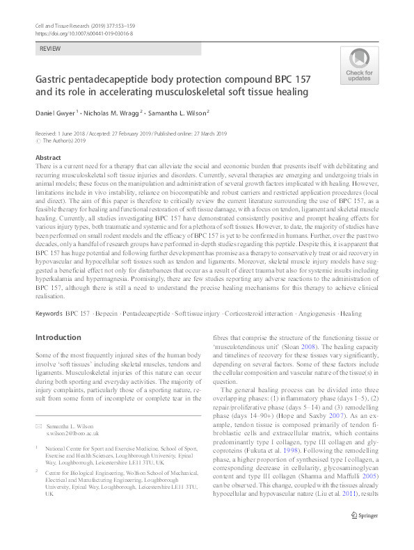 Gastric pentadecapeptide body protection compound BPC 157 and its role in accelerating musculoskeletal soft tissue healing. Thumbnail