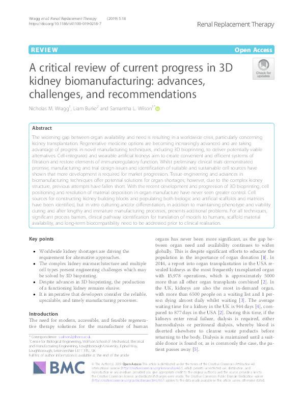 A critical review of current progress in 3D kidney biomanufacturing: advances, challenges, and recommendations Thumbnail