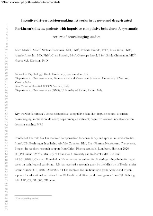 Incentive-driven decision-making networks in de novo and drug-treated Parkinson’s disease patients with impulsive-compulsive behaviors: A systematic review of neuroimaging studies Thumbnail