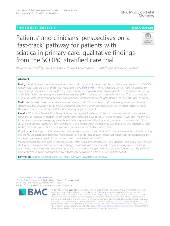 Patients’ and clinicians’ perspectives on a ‘fast-track’ pathway for patients with sciatica in primary care: qualitative findings from the SCOPiC stratified care trial Thumbnail