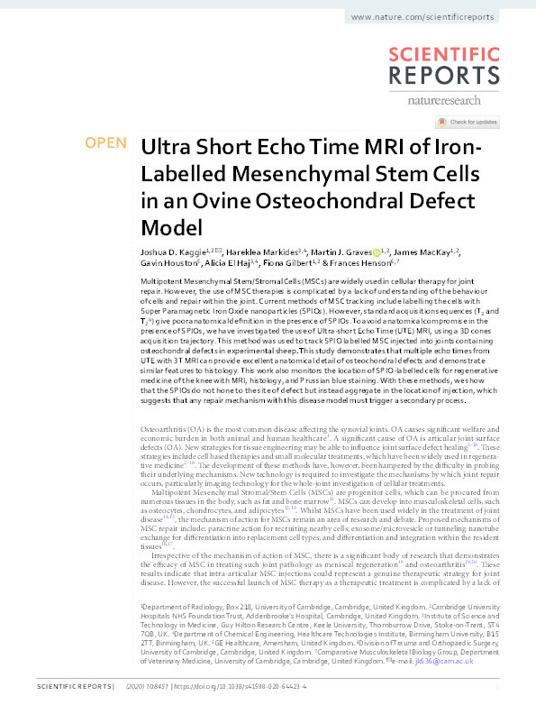 Ultra Short Echo Time MRI of Iron-Labelled Mesenchymal Stem Cells in an Ovine Osteochondral Defect Model. Thumbnail