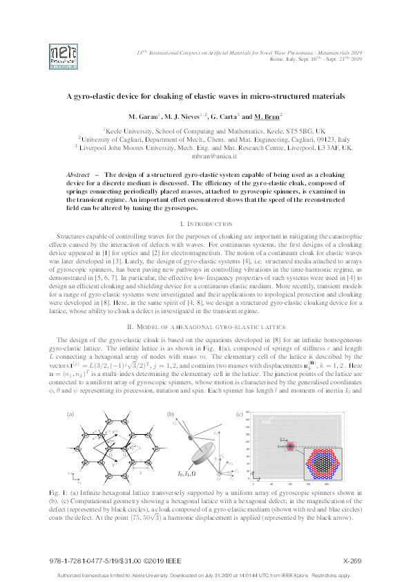 A gyro-elastic device for cloaking of elastic waves in micro-structured materials Thumbnail